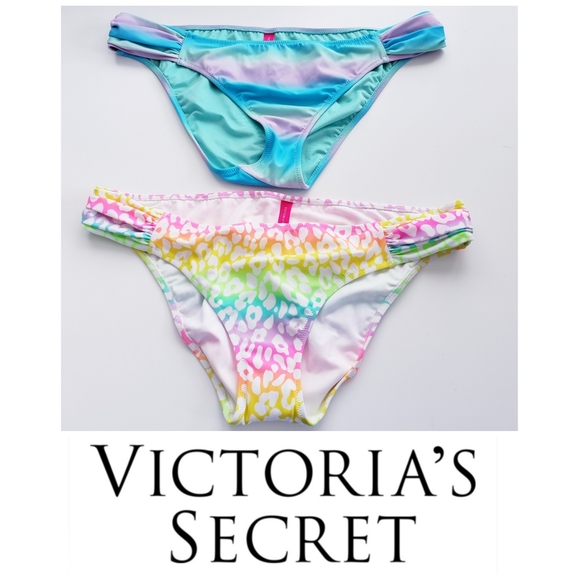 Victoria's Secret Other - 2 EUC Victoria's Secret Ruched Bikini Bottoms Womens Large Tie Dye Neon Cheetah